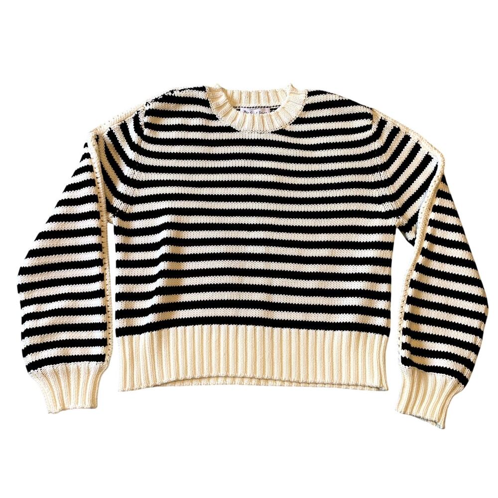 Michael Stars Merle Striped Crewneck Sweater Size Medium Ivory Black NWT